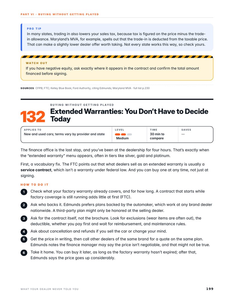 Page from the book about extended warranties in the finance office